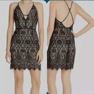 WAYF Reannah Size Large Black Floral Lace Mini Dress Plunging V-Neck Backless